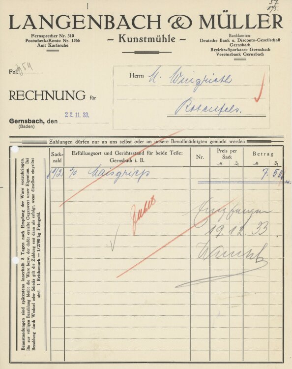 Firma M. Winzrieth (Kaufhaus)an Langenbach & Müller- Rechnung - 22.11.1933