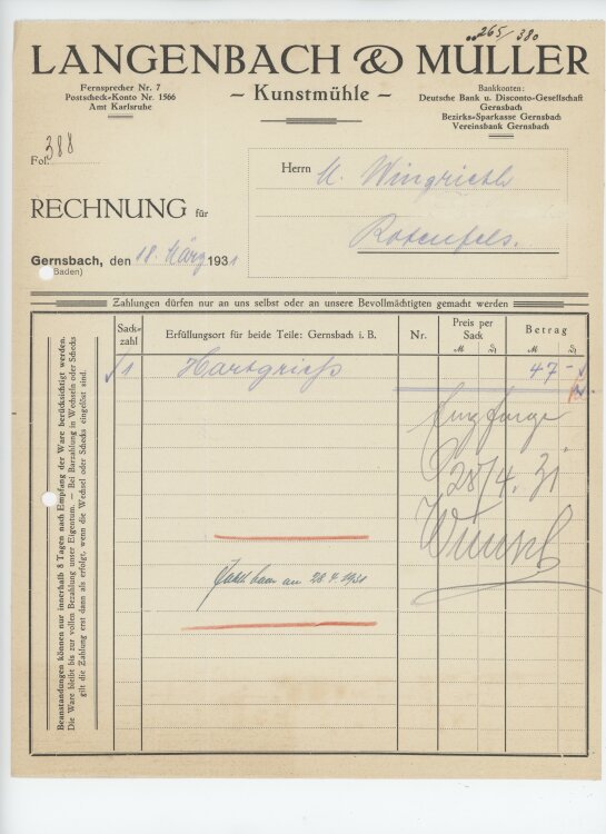 Firma M. Winzrieth (Kaufhaus)an Langenbach & Müller- Rechnung - 18.03.1931