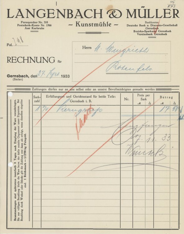 Firma M. Winzrieth (Kaufhaus)an Langenbach & Müller- Rechnung - 27.09.1933