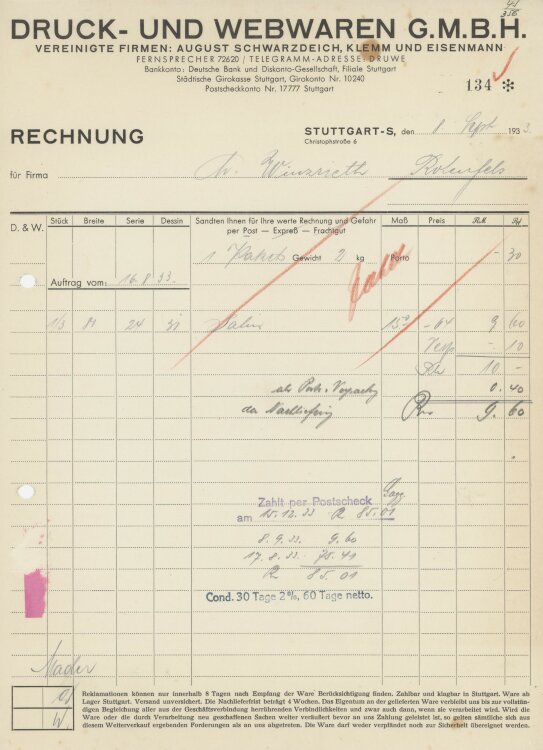 Firma M. Winzrieth (Kaufhaus)an Druck- und Eisenwaren GmbH- Rechnung - 08.09.1933