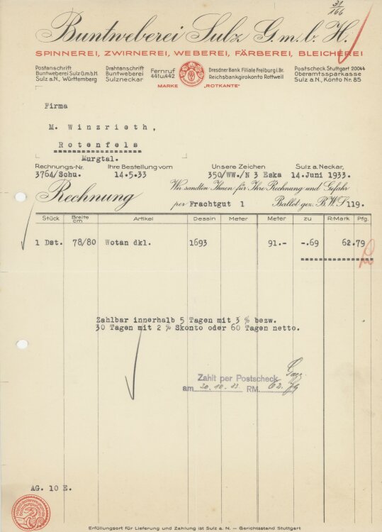 Firma M. Winzrieth (Kaufhaus)an Buntweberei Sulz GmbH- Rechnung - 14.06.1933