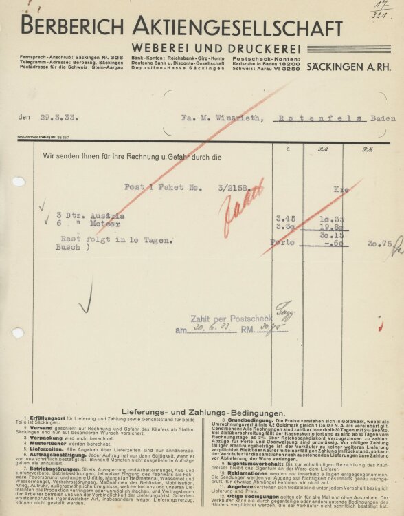 Firma M. Winzrieth (Kaufhaus)an Berberich AG- Rechnung - 29.03.1933