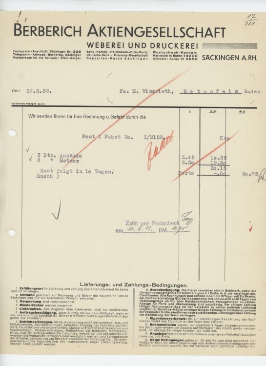 Firma M. Winzrieth (Kaufhaus)an Berberich AG- Rechnung -...