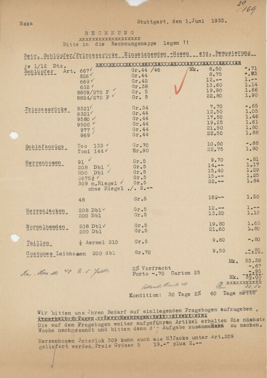 Firma M. Winzrieth (Kaufhaus)an ESKA- Rechnung - 01.06.1933