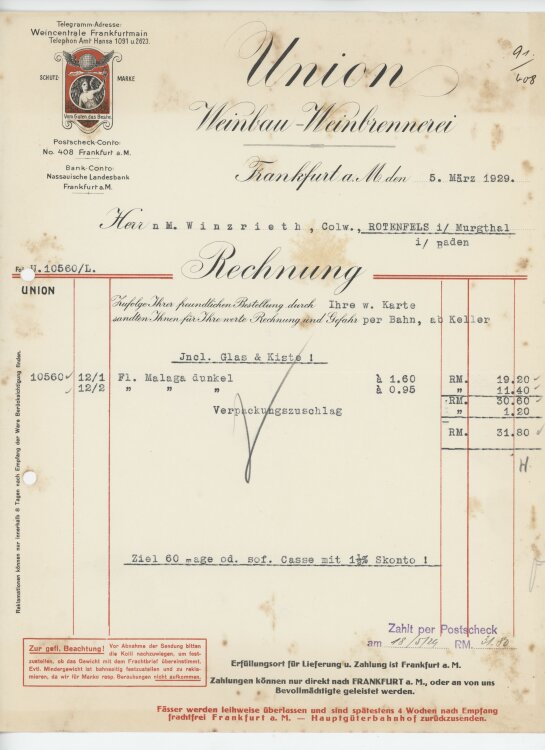 Firma M. Winzrieth (Kaufhaus)an Union Weinbau-Weinbrennerei- Rechnung - 05.03.1929