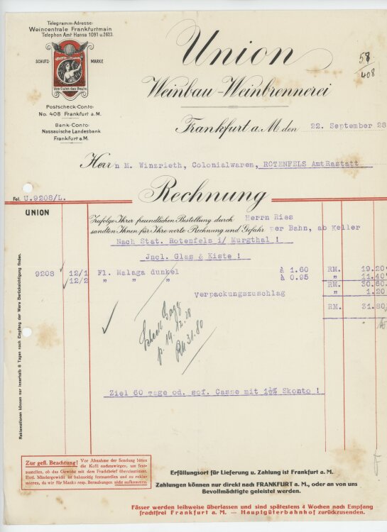 Firma M. Winzrieth (Kaufhaus)an Union Weinbau-Weinbrennerei- Rechnung - 22.09.1928