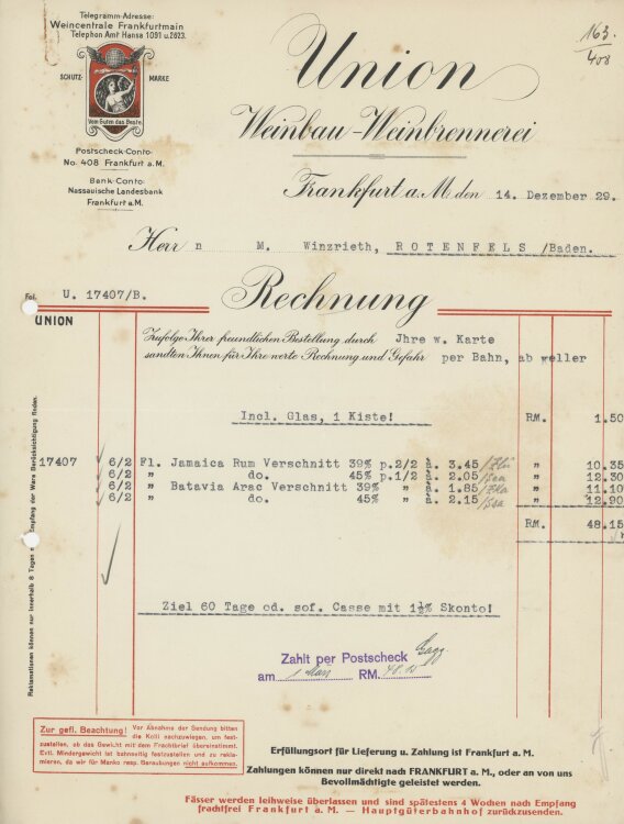 Firma M. Winzrieth (Kaufhaus)an Union Weinbau-Weinbrennerei- Rechnung - 14.12.1929