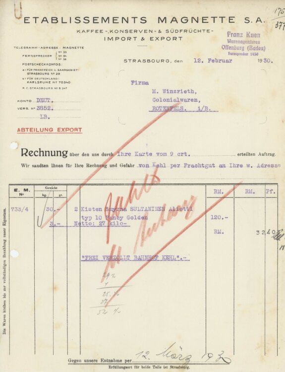 Firma M. Winzrieth (Kaufhaus)an Etablissements Magnette S.A.- Rechnung - 12.02.1930