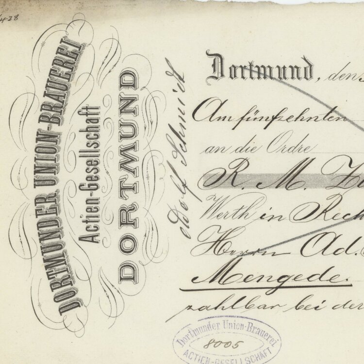 Dortmunder Union-Brauerei AG - Prima-Wechsel - 03.04.1884