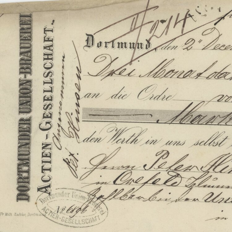 Dortmunder Union-Brauerei AG - Prima-Wechsel - 02.12.1882