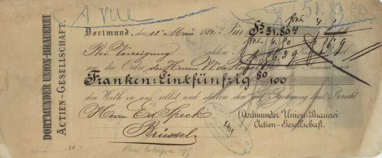 Dortmunder Union-Brauerei AG - Prima-Wechsel - 18.05.1882