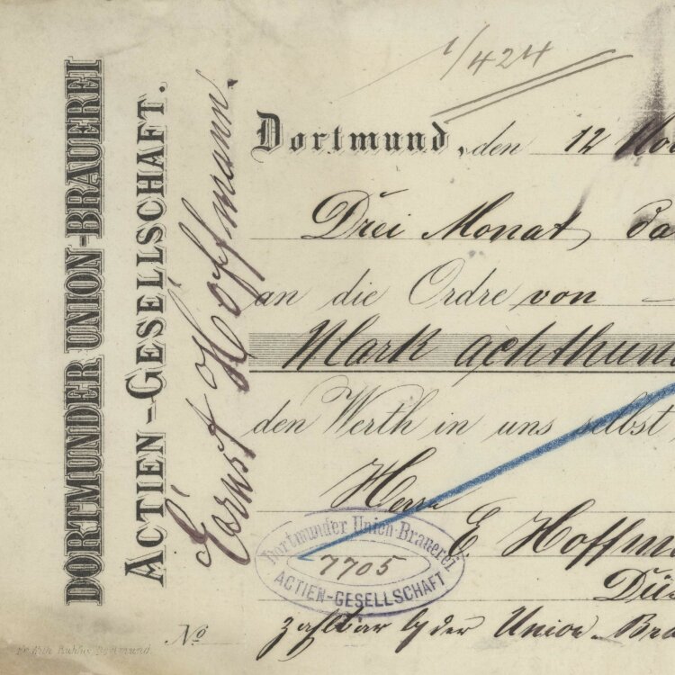 Dortmunder Union-Brauerei AG - Prima-Wechsel - 12.11.1883