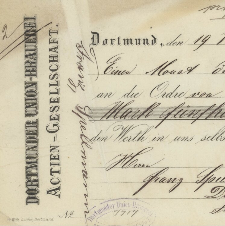 Dortmunder Union-Brauerei AG - Prima-Wechsel - 19.11.1883