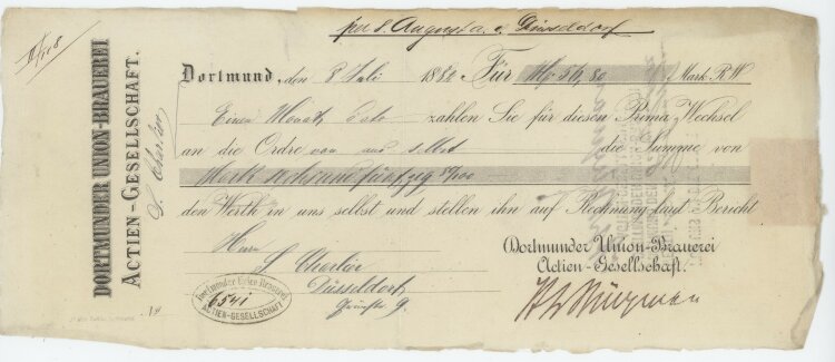 Dortmunder Union-Brauerei AG - Prima-Wechsel - 08.07.1882