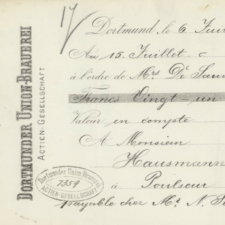 Dortmunder Union-Brauerei AG - Prima-Wechsel - 06.07.1883