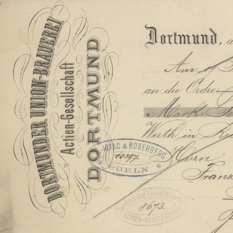 Dortmunder Union-Brauerei AG - Prima-Wechsel - 12.02.1885