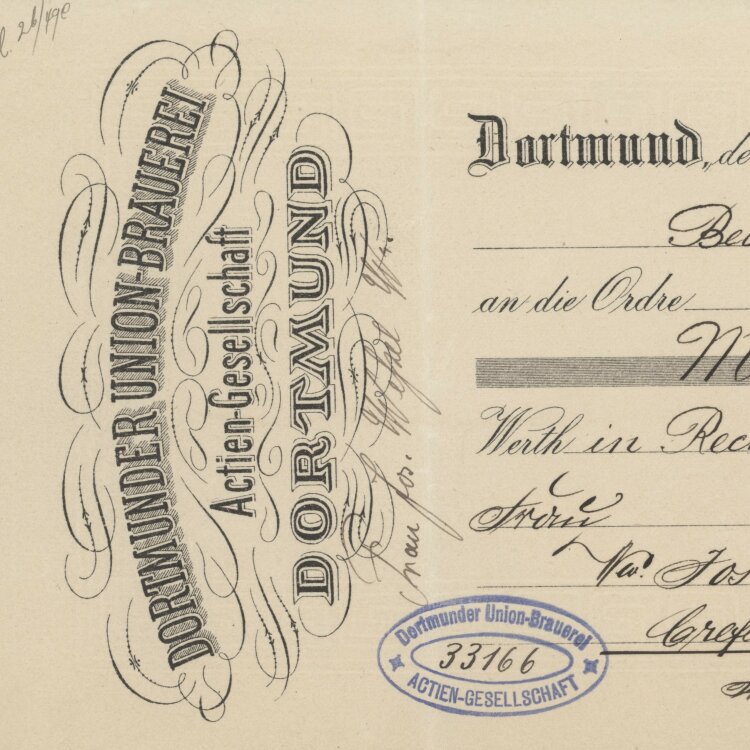 Dortmunder Union-Brauerei AG - Prima-Wechsel - 15.09.1897