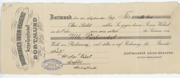 Dortmunder Union-Brauerei AG - Prima-Wechsel - 15.09.1897