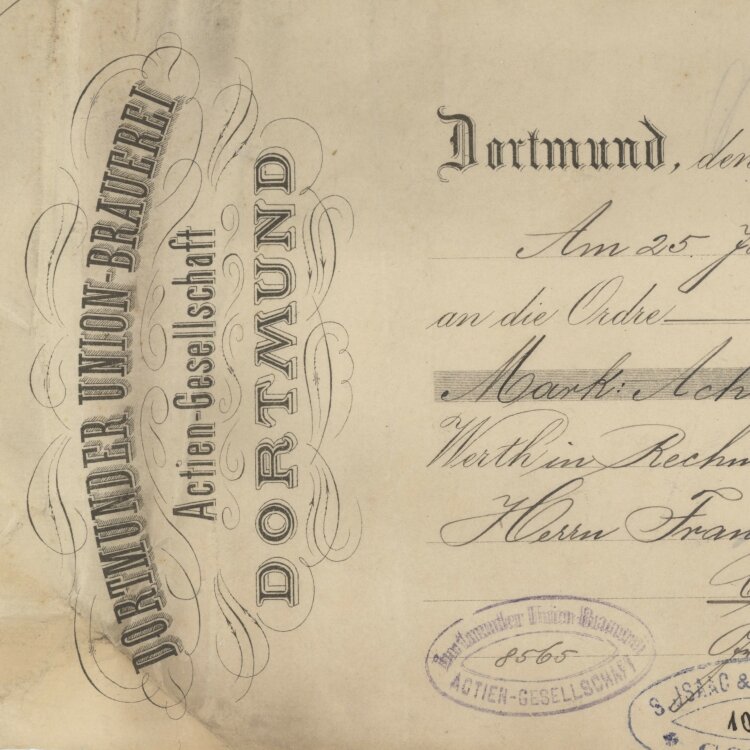 Dortmunder Union-Brauerei AG - Prima-Wechsel - 03.01.1885