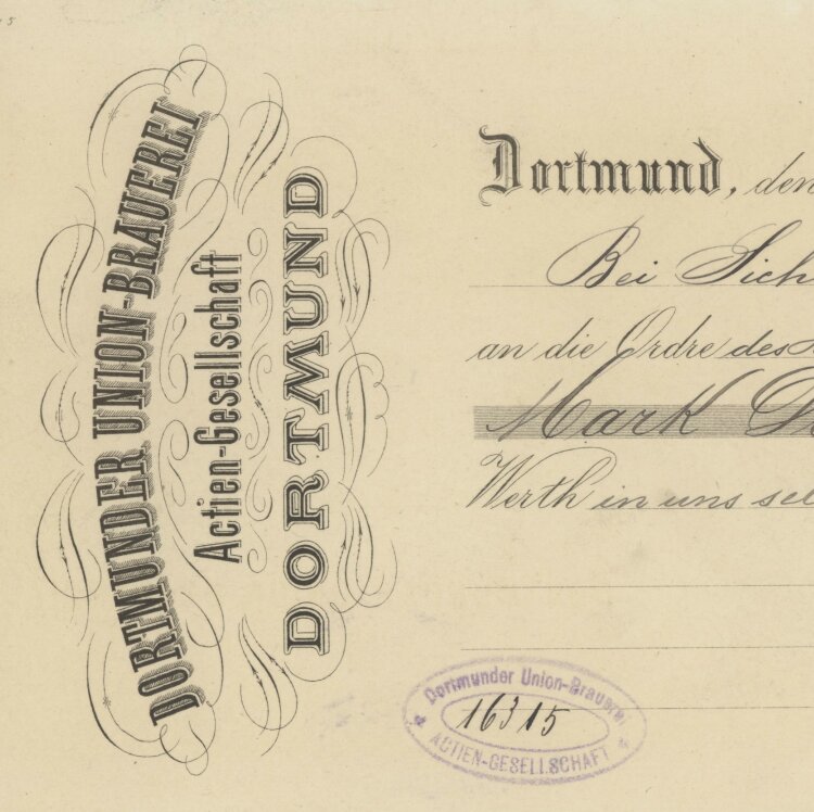 Dortmunder Union-Brauerei AG - Prima-Wechsel - 06.10.1892