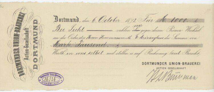 Dortmunder Union-Brauerei AG - Prima-Wechsel - 06.10.1892