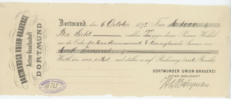 Dortmunder Union-Brauerei AG - Prima-Wechsel - 06.10.1892