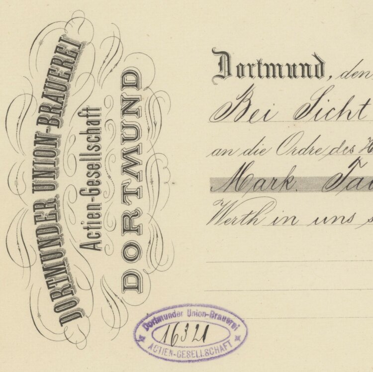 Dortmunder Union-Brauerei AG - Prima-Wechsel - 06.10.1892