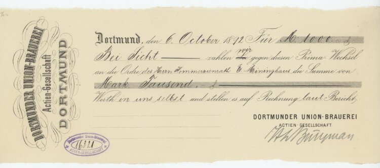 Dortmunder Union-Brauerei AG - Prima-Wechsel - 06.10.1892