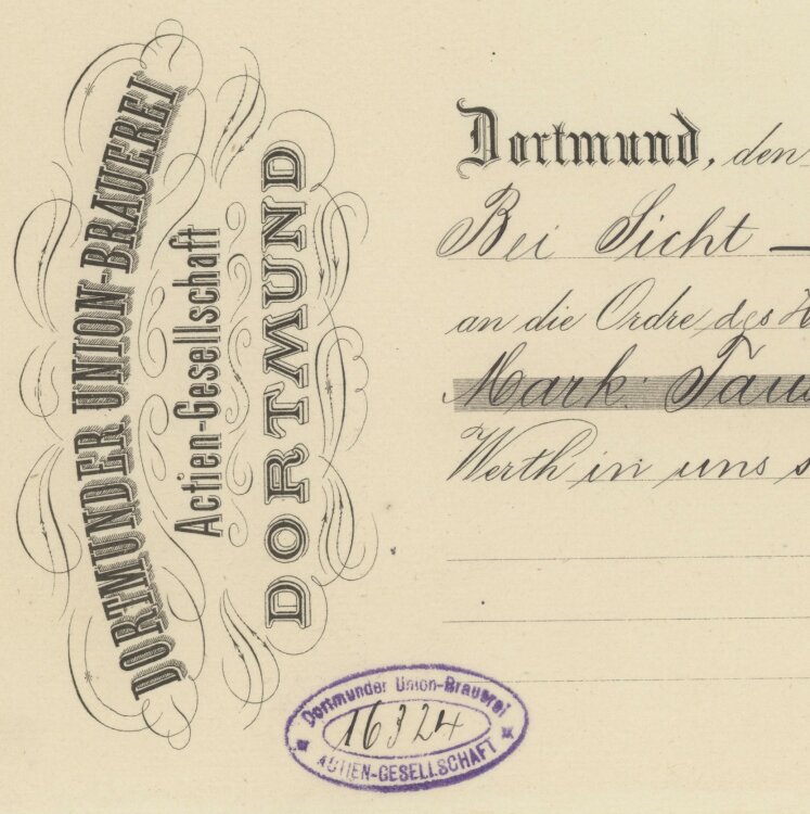 Dortmunder Union-Brauerei AG - Prima-Wechsel - 06.10.1892