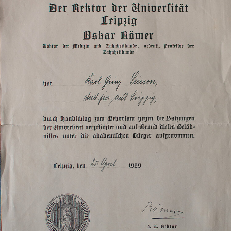 Oskar Römer - Urkunde - 25.04.1929