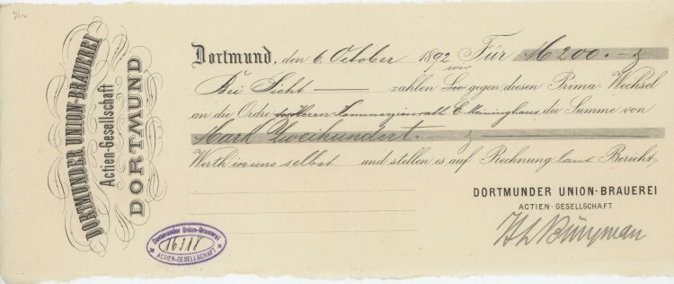 Dortmunder Union-Brauerei AG - Prima-Wechsel - 06.10.1892