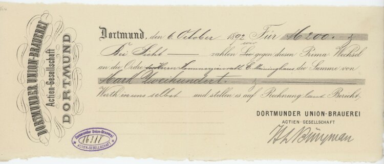 Dortmunder Union-Brauerei AG - Prima-Wechsel - 06.10.1892