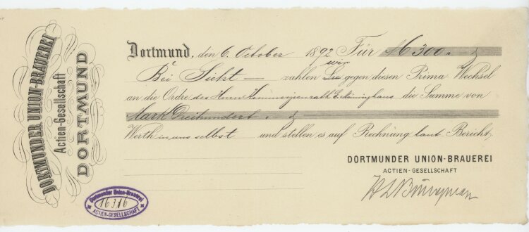 Dortmunder Union-Brauerei AG - Prima-Wechsel - 06.10.1892