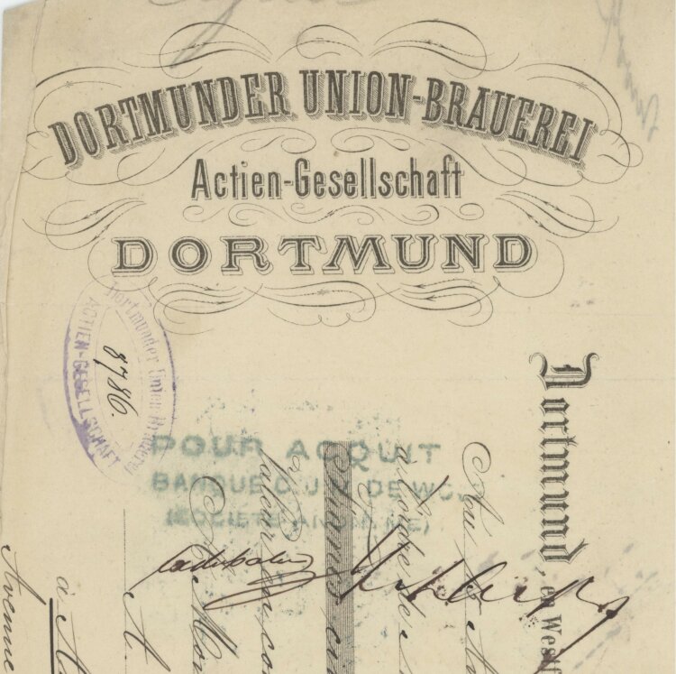 Dortmunder Union-Brauerei AG - Prima-Wechsel - 15.04.1885