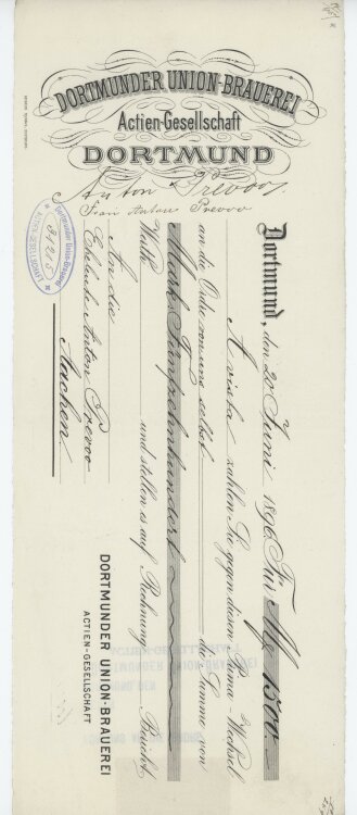 Dortmunder Union-Brauerei AG - Prima-Wechsel - 20.06.1896