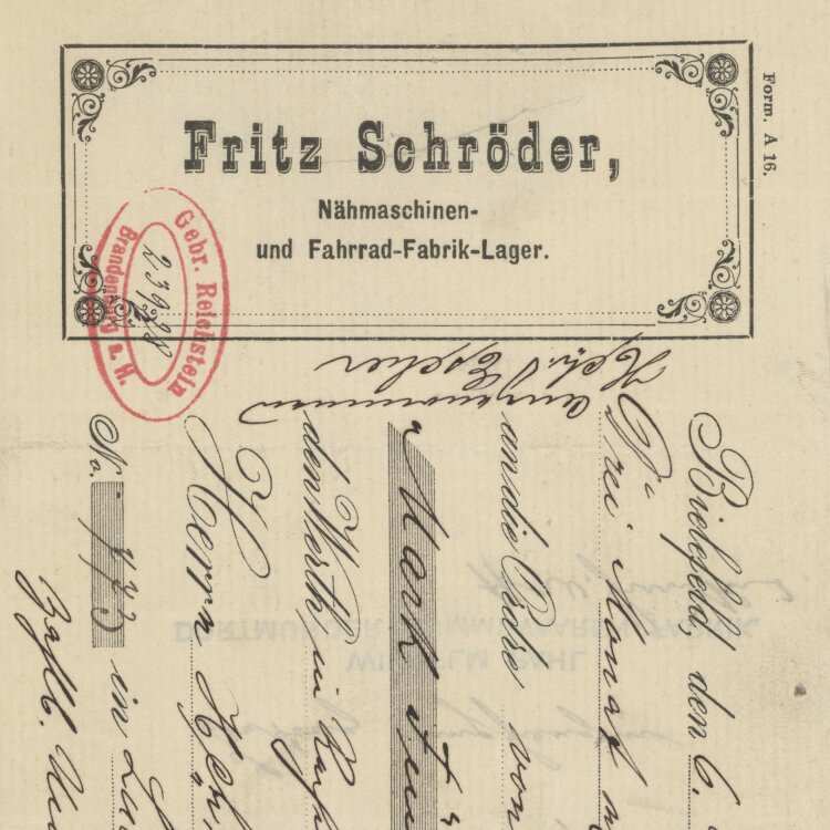 Fritz Schröder Nähmaschinen und Fahrrad-Fabrik-Lager. - Prima-Wechsel - 06.11.1895