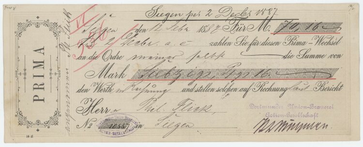 Dortmunder Union-Brauerei AG - Prima-Wechsel - 02.12.1887