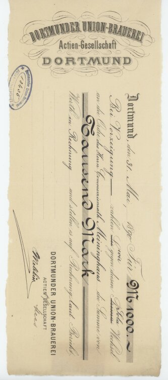 Dortmunder Union-Brauerei AG - Prima-Wechsel - 26.08.1895