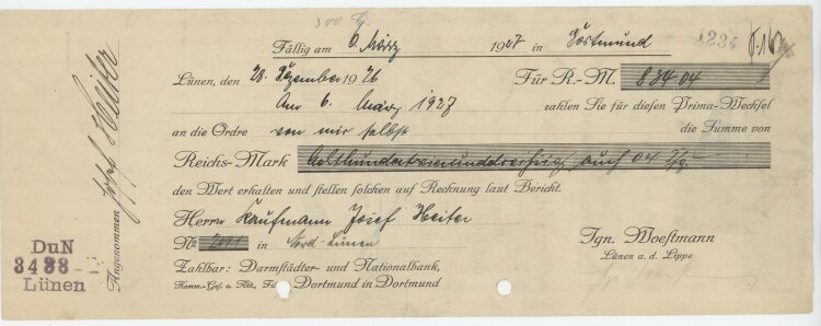 Jgn. Woestmann - Prima-Wechsel - 06.03.1927