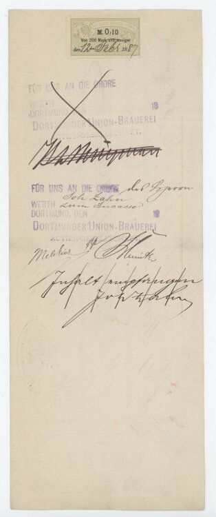 Dortmunder Union-Brauerei AG - Prima-Wechsel - 12.02.1887