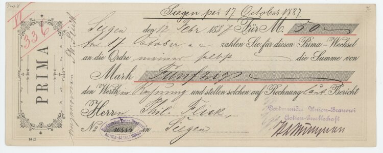 Dortmunder Union-Brauerei AG - Prima-Wechsel - 17.10.1887