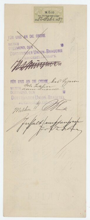 Dortmunder Union-Brauerei AG - Prima-Wechsel - 17.10.1887