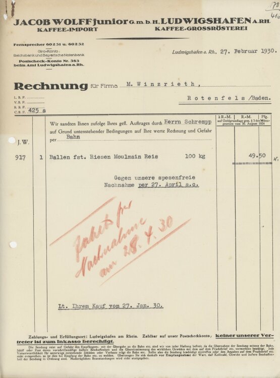 Firma M. Winzrieth (Kaufhaus)an Jacob Wolff junior GmbH- Rechnung - 27.02.1930