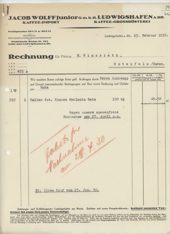 Firma M. Winzrieth (Kaufhaus)an Jacob Wolff junior GmbH- Rechnung - 27.02.1930