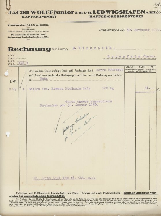 Firma M. Winzrieth (Kaufhaus)an Jacob Wolff junior GmbH- Rechnung - 30.11.1929