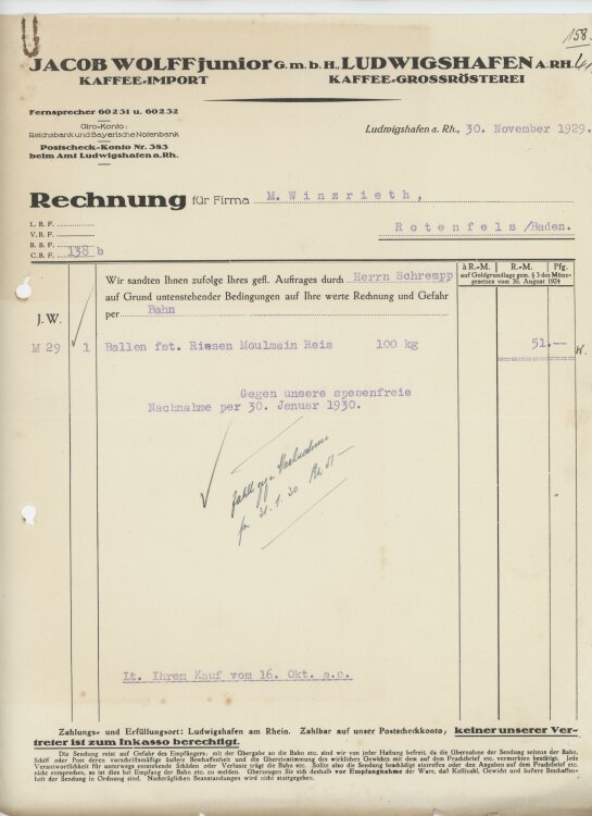 Firma M. Winzrieth (Kaufhaus)an Jacob Wolff junior GmbH- Rechnung - 30.11.1929