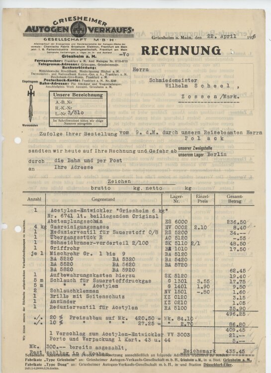 Firma M. Winzrieth (Kaufhaus)an Griesheimer Autgen Verkaufs-GmbH- Rechnung - 22.04.1926