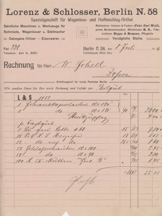 Wilhelm Scheel Schmiedemeisteran Lorenz & Schlosser- Rechnung - 08.07.1910