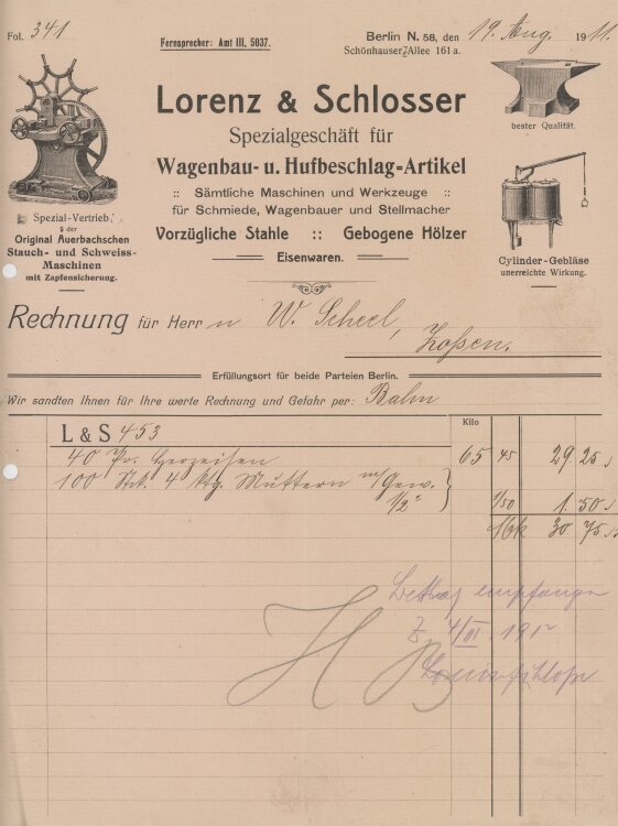 Wilhelm Scheel Schmiedemeisteran Lorenz & Schlosser- Rechnung - 19.08.1911