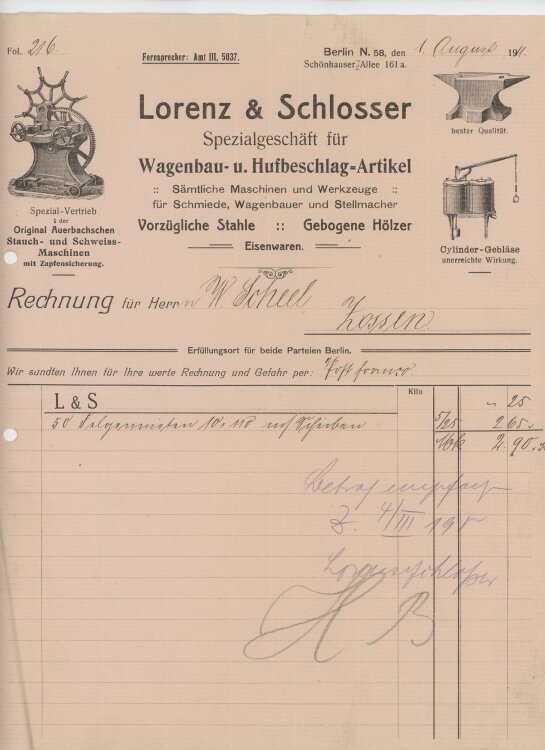 Wilhelm Scheel Schmiedemeisteran Lorenz & Schlosser- Rechnung - 01.08.1911